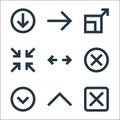 ui line icons. linear set. quality vector line set such as cross, up arrow, down arrow, cross, opposite arrows, minimize, expand, Royalty Free Stock Photo