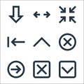 Ui line icons. linear set. quality vector line set such as down arrow, cross, right arrow, cross, up arrow, left minimize, Royalty Free Stock Photo