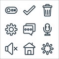 ui line icons. linear set. quality vector line set such as loading, home, sound, microphone, chat, settings, garbage, checked