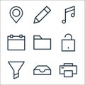 ui line icons. linear set. quality vector line set such as printer, inbox, filter, unlock, folder, dates, song, pencil Royalty Free Stock Photo
