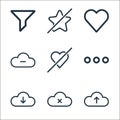 ui line icons. linear set. quality vector line set such as upload, missing, download, menu, dislike, remove, favourite, dislike