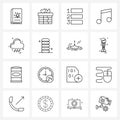 Set of 16 Universal Line Icons of bag, storm, list, cloud, note