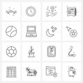 UI Set of 16 Basic Line Icons of crescent, laptop, books, computer, ball