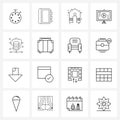 UI Set of 16 Basic Line Icons of database, business, house, video, presentation