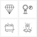 UI Set of 4 Basic Line Icons of diamond, date, search, business, navigation