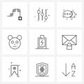 UI Set of 9 Basic Line Icons of email action, battery, sms, basic, bear