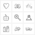 UI Set of 9 Basic Line Icons of food, Halloween, technology, pumpkin, arrow