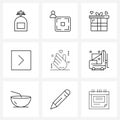 UI Set of 9 Basic Line Icons of hand, next, gift, box, valentine Royalty Free Stock Photo