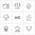 UI Set of 9 Basic Line Icons of meal, biryani, strawberry, play, cloud play