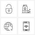 UI Set of 4 Basic Line Icons of open; internet; security; coffee; reload