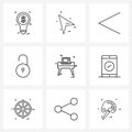 UI Set of 9 Basic Line Icons of screen, protection, point, security, back