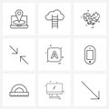 UI Set of 9 Basic Line Icons of text, shrink, heart, retract Royalty Free Stock Photo