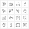 UI Set of 16 Basic Line Icons of work, construction, transportation, usa, fast food