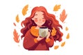 ui set vector illustration of woman with autumn beverage cup isolate on white background