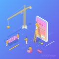 UI UX Design App Development Isometric Flat vector illustration. People working building interface in Mobile Phone Smartphone Royalty Free Stock Photo