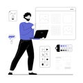 UI UX design concept. Man create layout and optimize elements, testing user app interface. Vector Royalty Free Stock Photo
