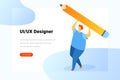 Ui UX Designer Holding Pencil Flat vector illustration. Landing Page design template