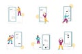 UI and UX designing process, characters creating mobile app interface - flat vector illustration isolated on white. Royalty Free Stock Photo
