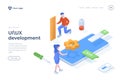 UI, UX development isometric landing page template cartoon programmers designing mobile application