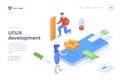 UI, UX development isometric landing page template cartoon programmers designing mobile application Royalty Free Stock Photo