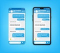 UI UX Phone chat blue interface. Text message mobile phone. Text messaging bubles in mobile application on a smartphone