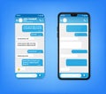 UI UX Phone chat bot blue interface. Text message mobile phone. Text messaging bubles in mobile application on a Royalty Free Stock Photo