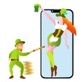 Irish fantastic character leprechaun and woman on a green background. Saint Patrick`s Day party landing page