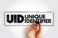 UID - Unique identifier is an identifier that is guaranteed to be unique among all identifiers used for those objects, acronym Royalty Free Stock Photo
