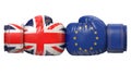 UK against EU boxing glove, Britain vs. European Union international conflict or rivalry, Brexit concept, 3d rendering