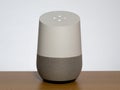 UK, April 2020: Google home assistant speaker listening to instruction