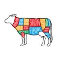 UK colorful Meat cuts diagram poster design. Beef scheme for butcher shop vector illustration. Cow animal silhouette vintage retro