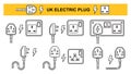 UK electric plug socket, British electrical power outlet. English ac cable. Electricity energy. Electro equipment wire line icon Royalty Free Stock Photo