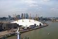 UK, England, London, 02 Arena and Canary Wharf Skyline