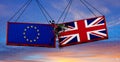UK and EU trade war concept. United Kingdom and European Union flags . crashed containers on sky at sunset background. 3d