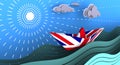 Paper boat made from the UK flag floats on the waves of the ocean Royalty Free Stock Photo