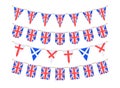 UK flag garland. Union Jack pennants chain. British party bunting decoration. Great Britain flags for celebration