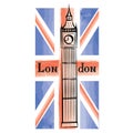 UK flag with London city famous landmark. Travel Great Britain b