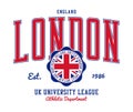 London university t-shirt design with United Kingdom flag. Tee shirt and sports apparel print in college style. Vector