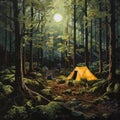 Uk Forest Clearing Camping: Realistic Painting Of A Tent Under A Full Moon