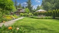 UK garden with naturalistic design yard hard landscaping, summer retreat house panorama