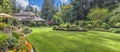 UK garden with naturalistic design yard hard landscaping, summer retreat house panorama