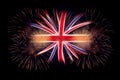 Uk great britain union jack flag with fireworks celebration. Generative ai Royalty Free Stock Photo