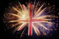 Uk great britain union jack flag with fireworks celebration. Generative ai Royalty Free Stock Photo