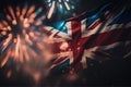 UK holiday concept. Great Britain Union Jack flag background with fireworks. Generative ai Royalty Free Stock Photo