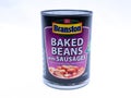 UK, Jan 2020: Branston baked beans and sausage in a tin on white background Royalty Free Stock Photo