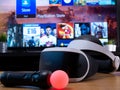 UK, Jan 2020: Playstation VR headset and controller for gaming and virtual reality Royalty Free Stock Photo