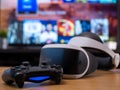 UK, Jan 2020: Virtual reality VR Sony headset for Playstation with Dualshock remote controller Royalty Free Stock Photo