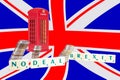 UK No Deal Brexit. The words spelled out and an English telephone booth with an English flag in background