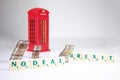 UK No Deal Brexit. The words spelled out on a white background with coins and an English telephone booth