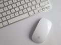 UK, October 2019: Apple mac mouse and wireless keyboard on white background Royalty Free Stock Photo